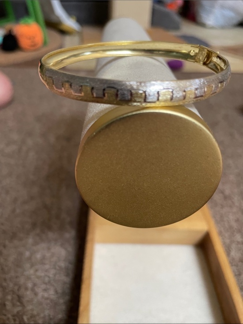 Greek Key.Gold and Silver Two-Tone Hinged Bangle Bracelet